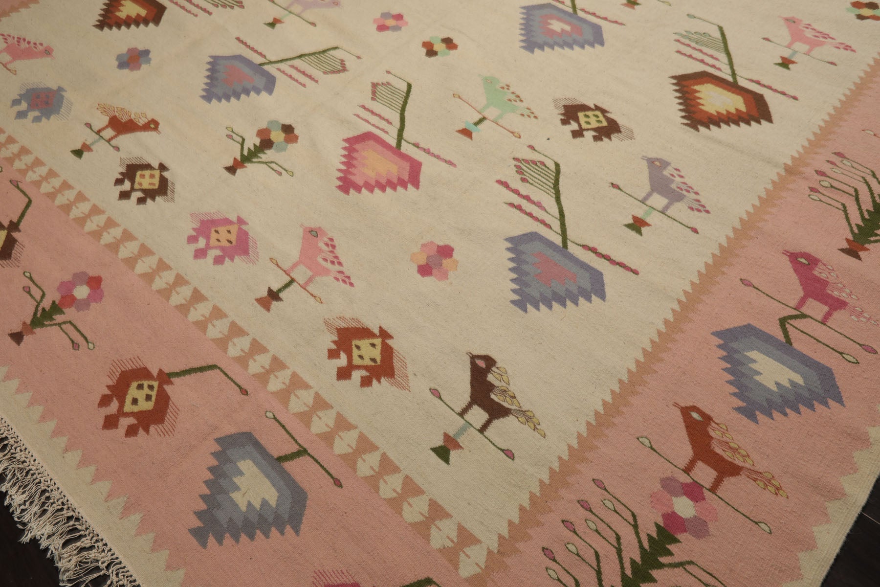 9x12 Ivory, Pink, Lavender Color Hand Woven Kilim Wool Tribal Oriental Rug