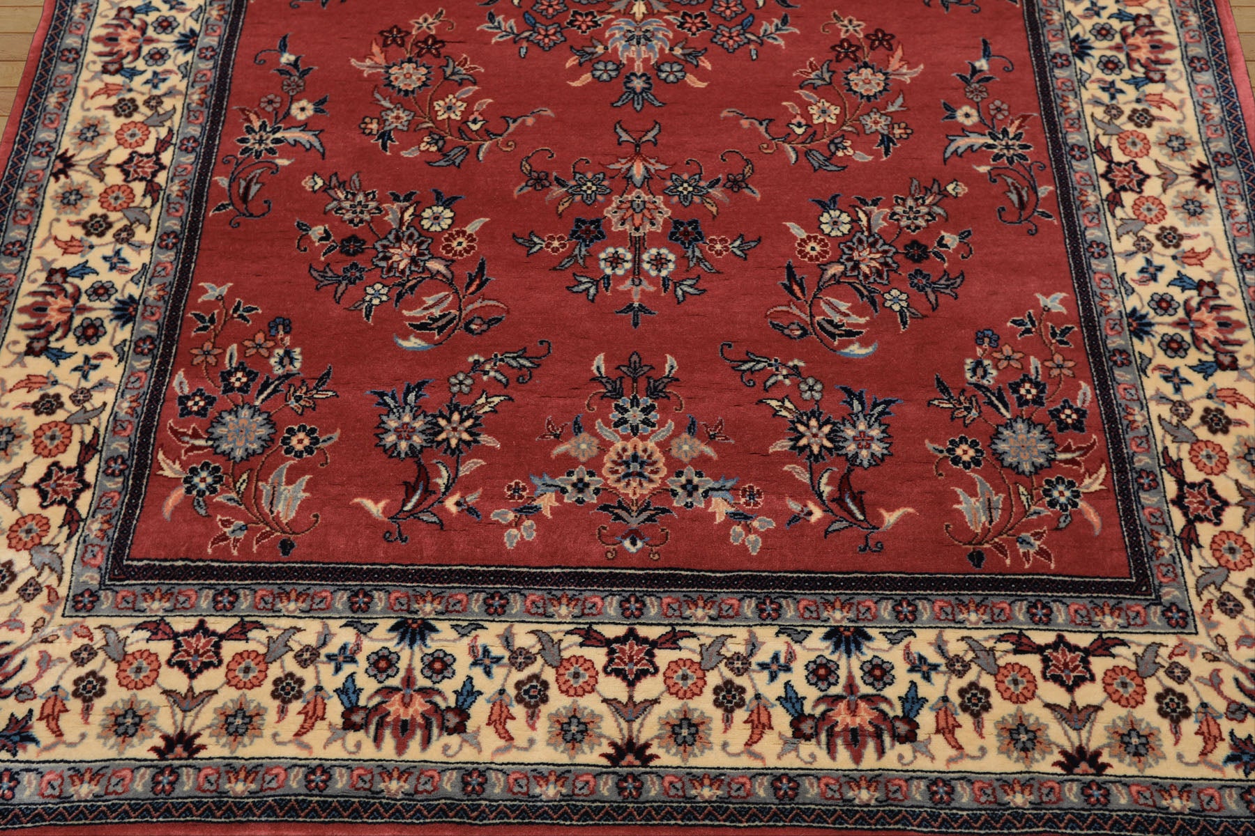 4x6 Rose, Ivory, Aqua Color Hand Knotted Pak Persian Sarouk New Zealand Wool Traditional Oriental Rug