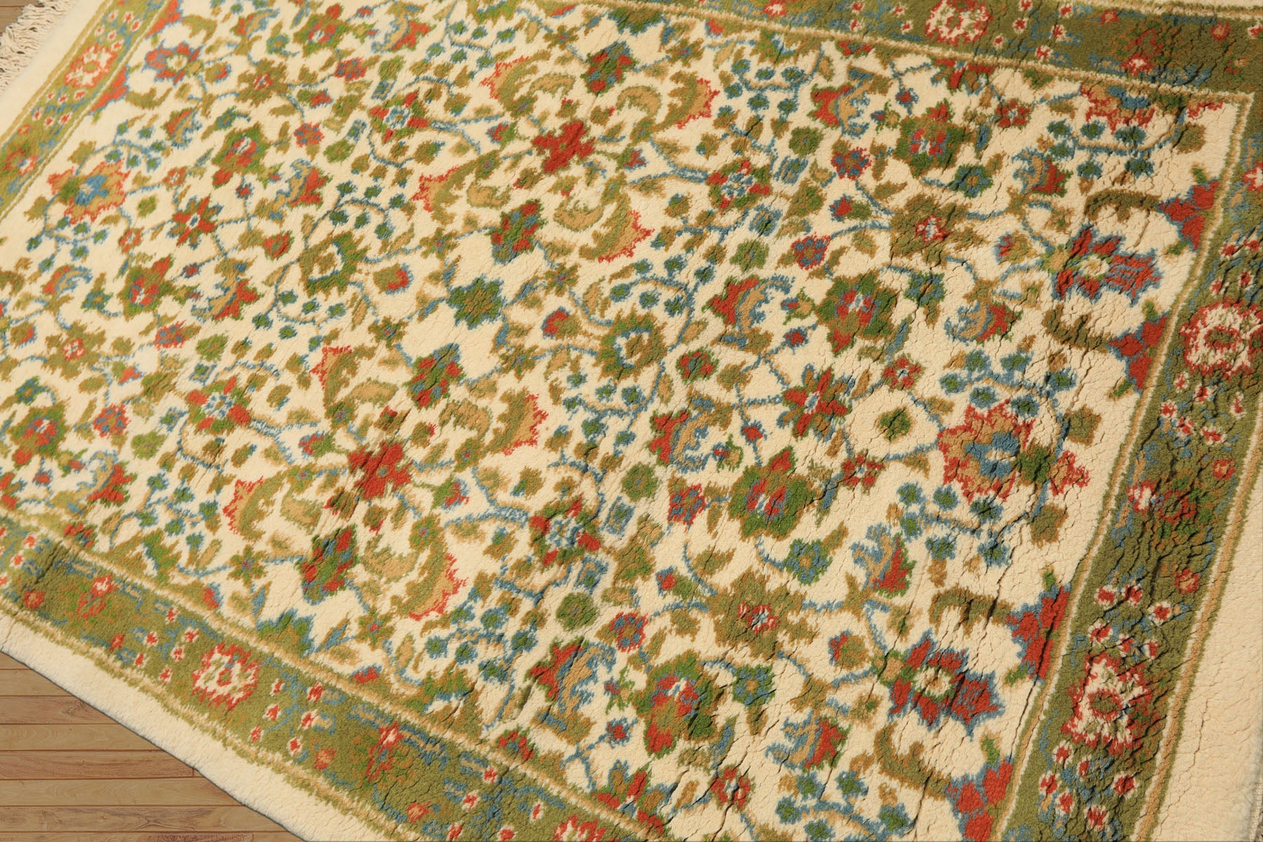 4x6 Ivory, Lime, Turquoise Color Hand Knotted Indo Kashan Wool Traditional Oriental Rug