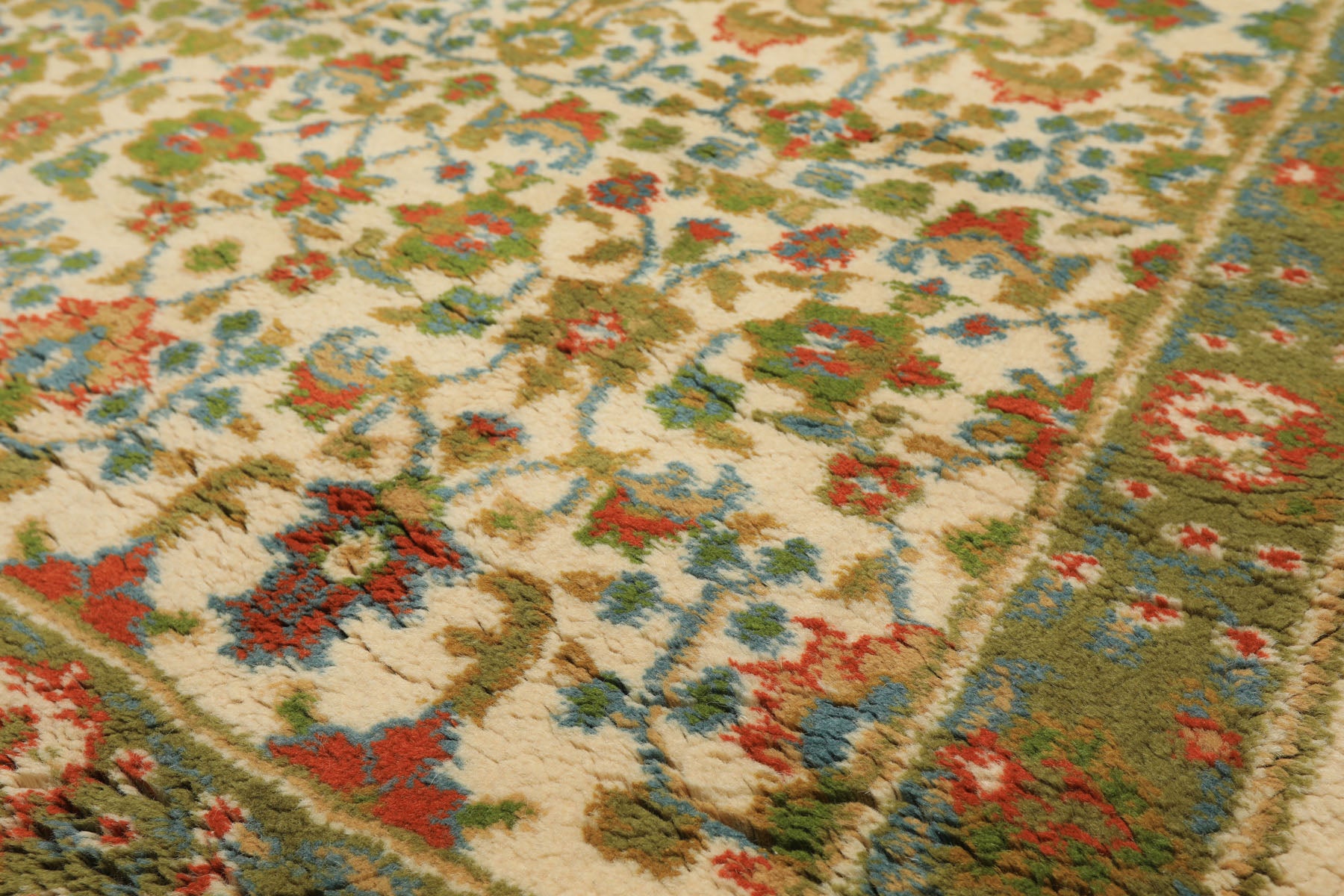 4x6 Ivory, Lime, Turquoise Color Hand Knotted Indo Kashan Wool Traditional Oriental Rug