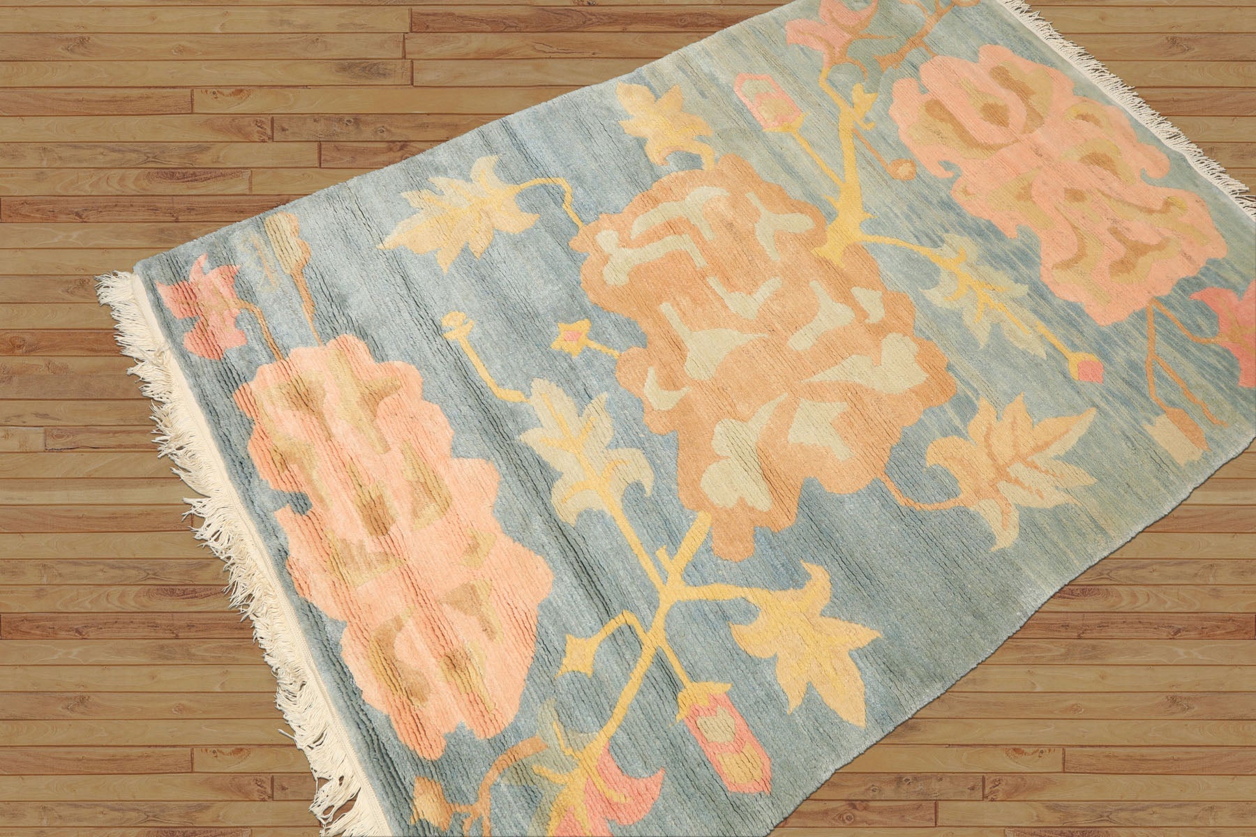 4x6 Blue, Blush, Peach Color Hand Knotted Tibetan Wool Transitional Oriental Rug