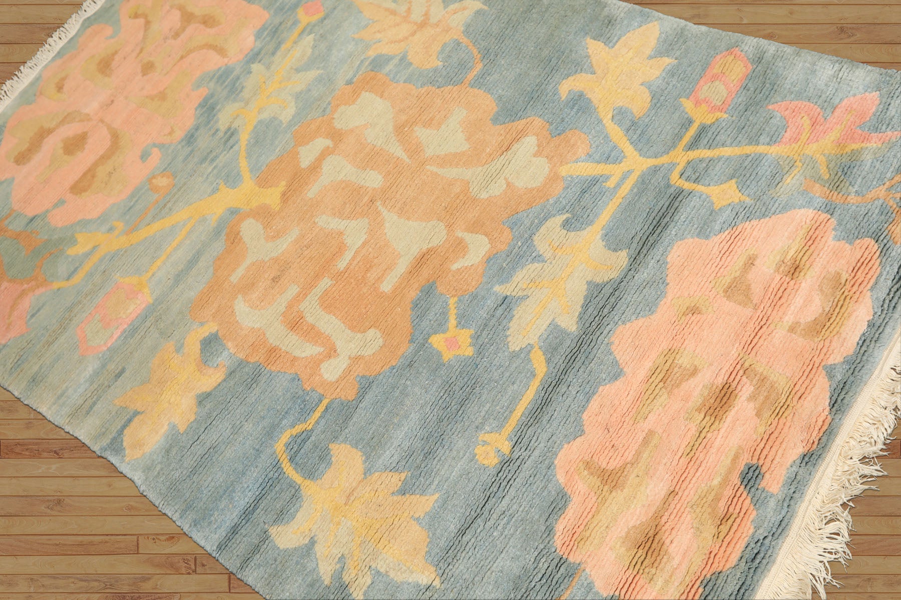4x6 Blue, Blush, Peach Color Hand Knotted Tibetan Wool Transitional Oriental Rug