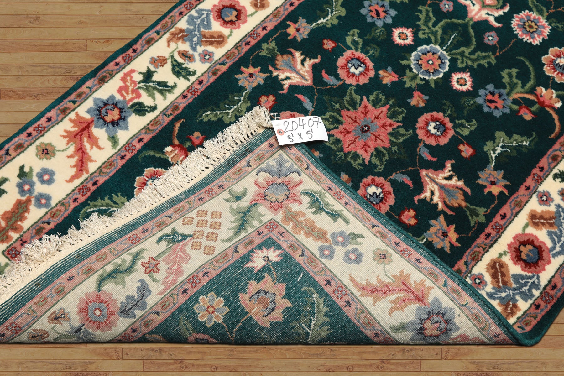 3x5 Emerald, Ivory, Blush Color Hand Knotted Indo Kashan Wool Traditional Oriental Rug