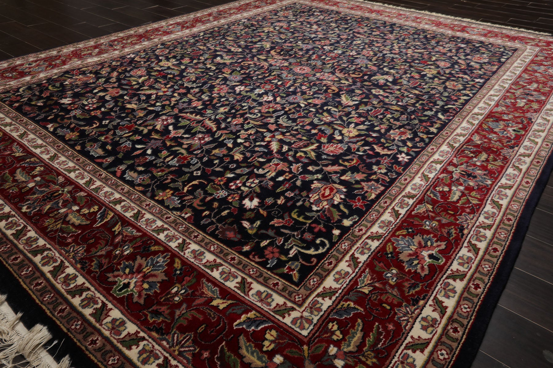 8x10 Midnight Blue, Burgundy, Sage Color Hand Knotted Agra New Zealand Wool Traditional Oriental Rug