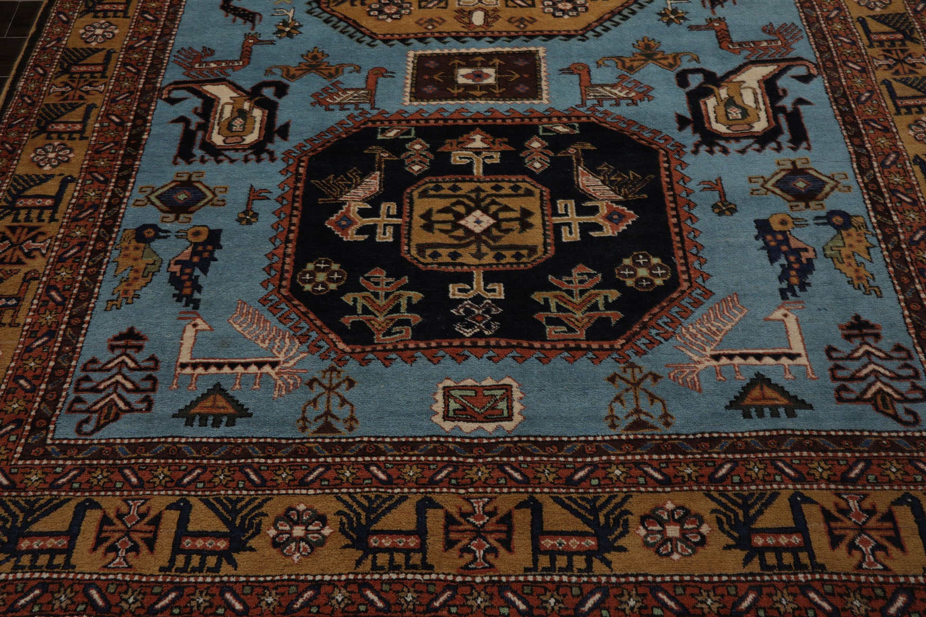 8x10 Blue, Gold, Chocolate Color Hand Knotted Kazak Wool Traditional Oriental Rug