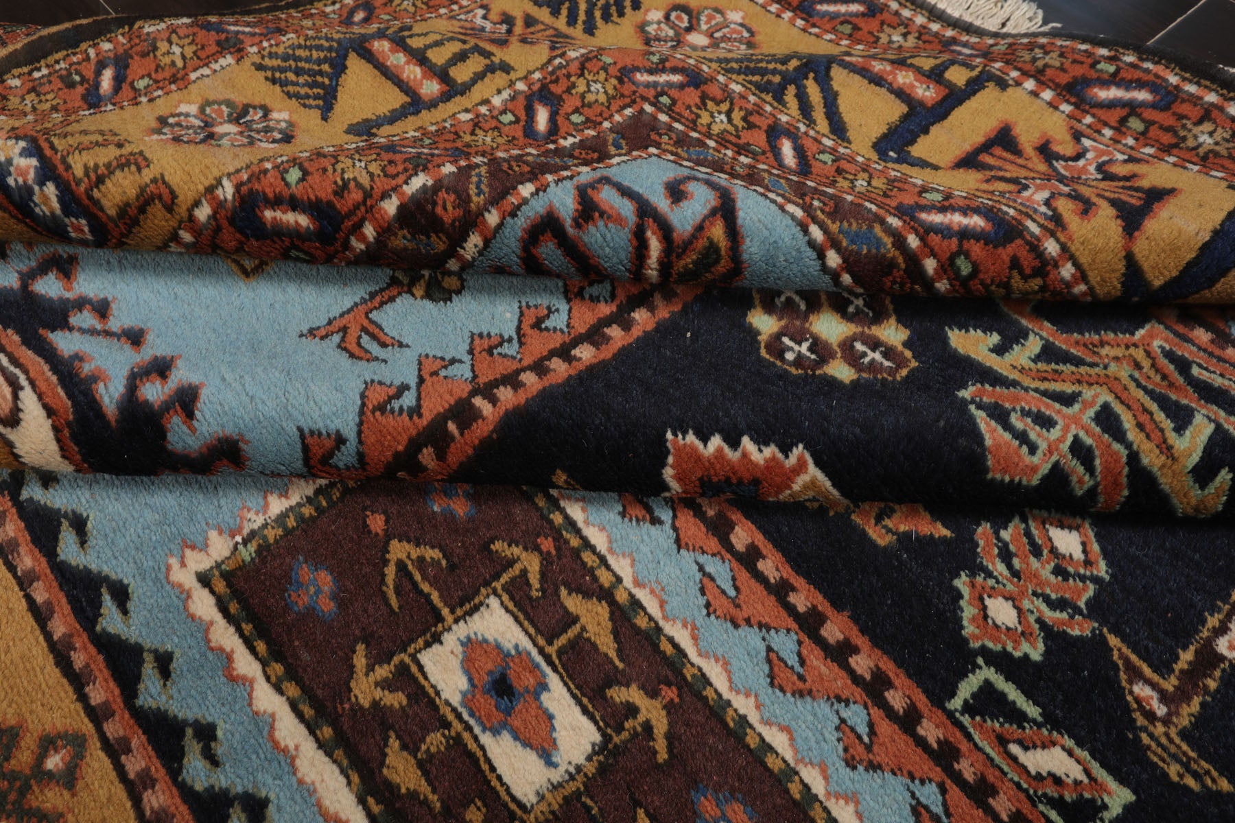 8x10 Blue, Gold, Chocolate Color Hand Knotted Kazak Wool Traditional Oriental Rug