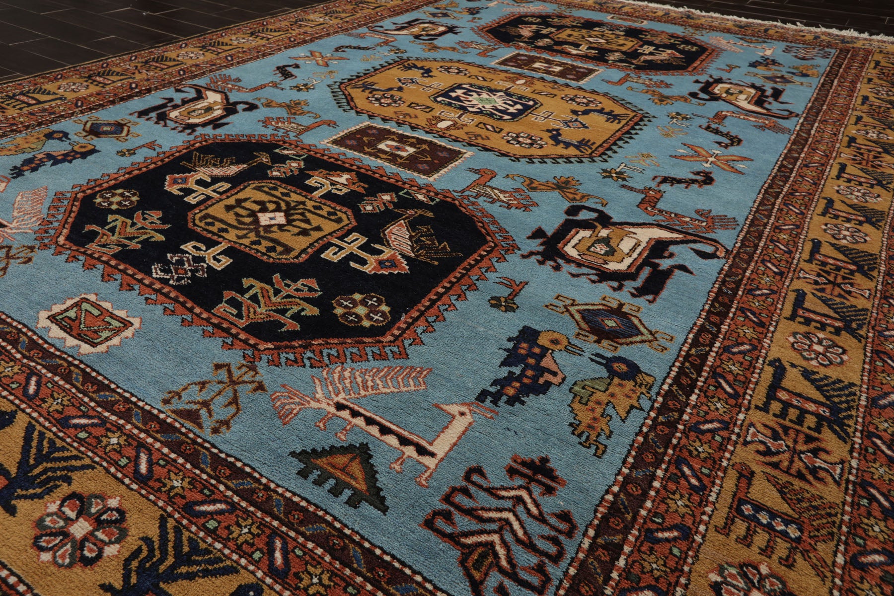 8x10 Blue, Gold, Chocolate Color Hand Knotted Kazak Wool Traditional Oriental Rug