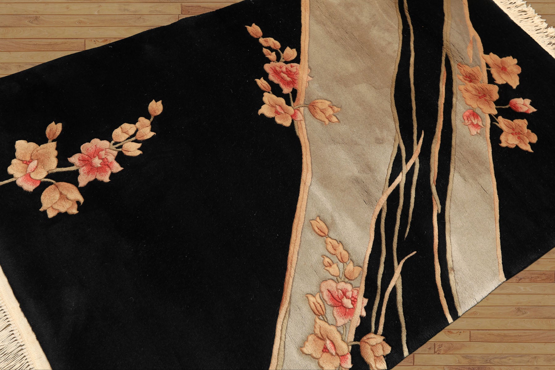 3x5 Black, Gray, Peach Color Hand Knotted Chinese Art Deco Wool Transitional Oriental Rug