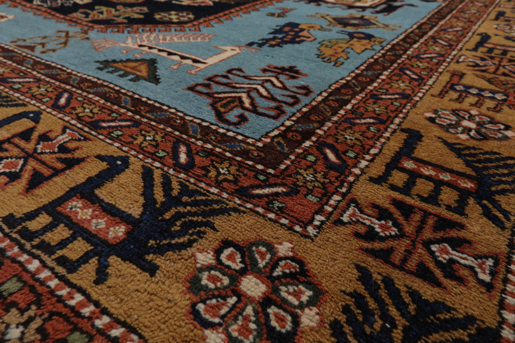 8x10 Blue, Gold, Chocolate Color Hand Knotted Kazak Wool Traditional Oriental Rug