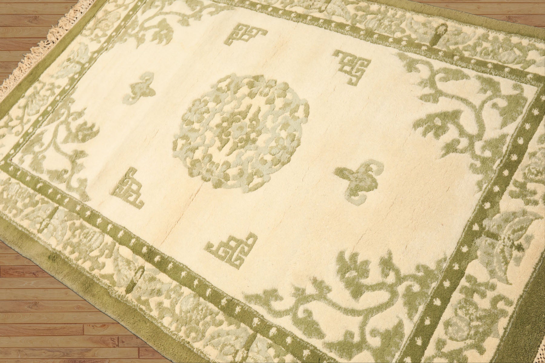 4x6 Ivory, Olive, Green Color Hand Knotted Indo-Tibetan Wool Art Deco Oriental Rug
