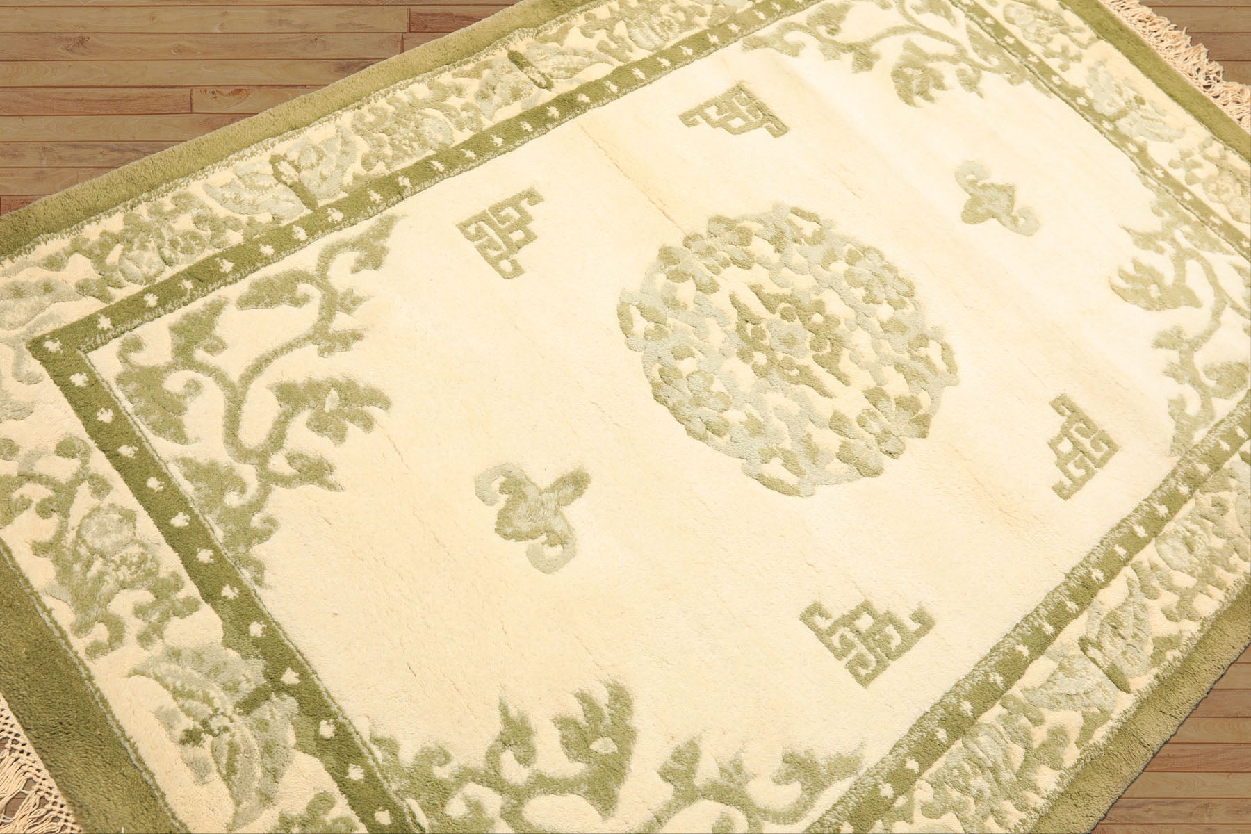 4x6 Ivory, Olive, Green Color Hand Knotted Indo-Tibetan Wool Art Deco Oriental Rug