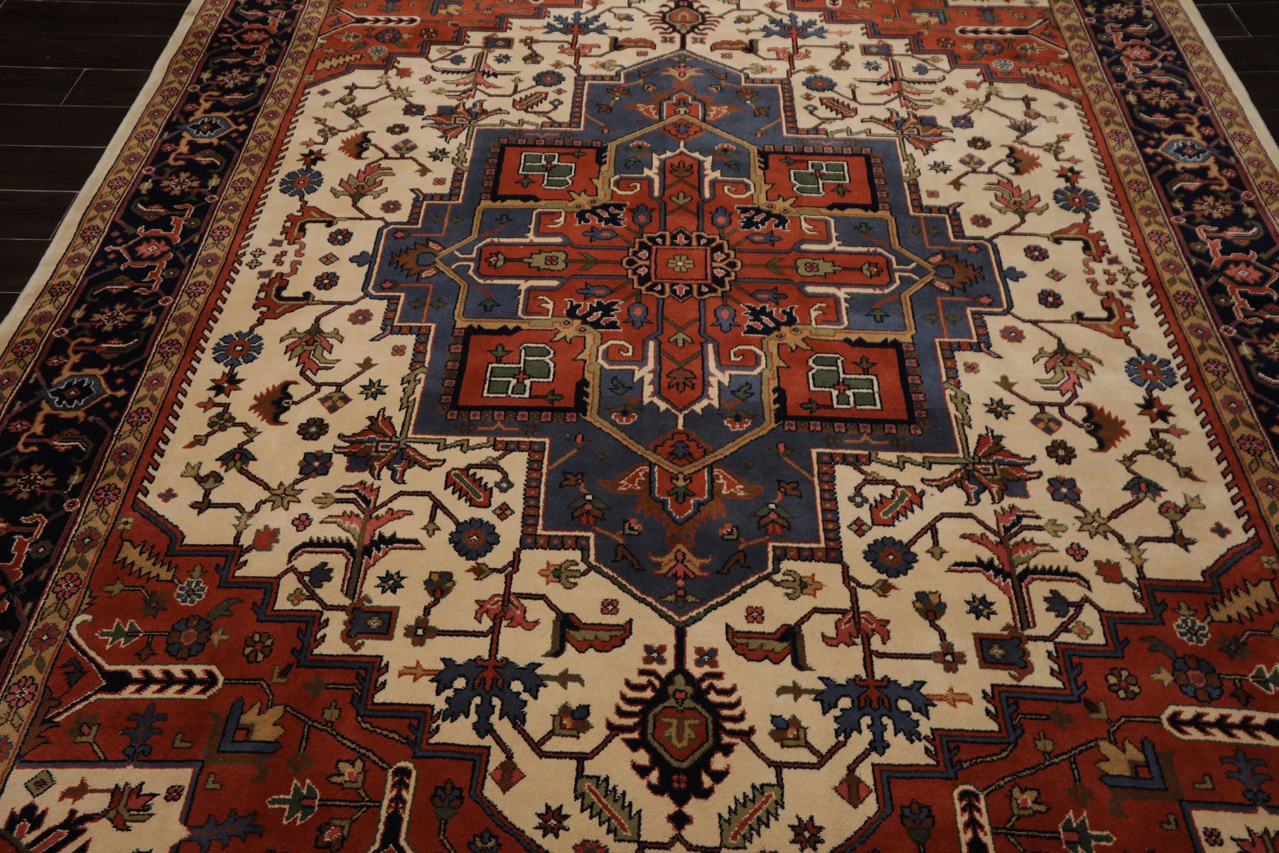 8x10 Ivory, Muted Teracotta, Blue Color Hand Knotted Heriz Wool Traditional Oriental Rug