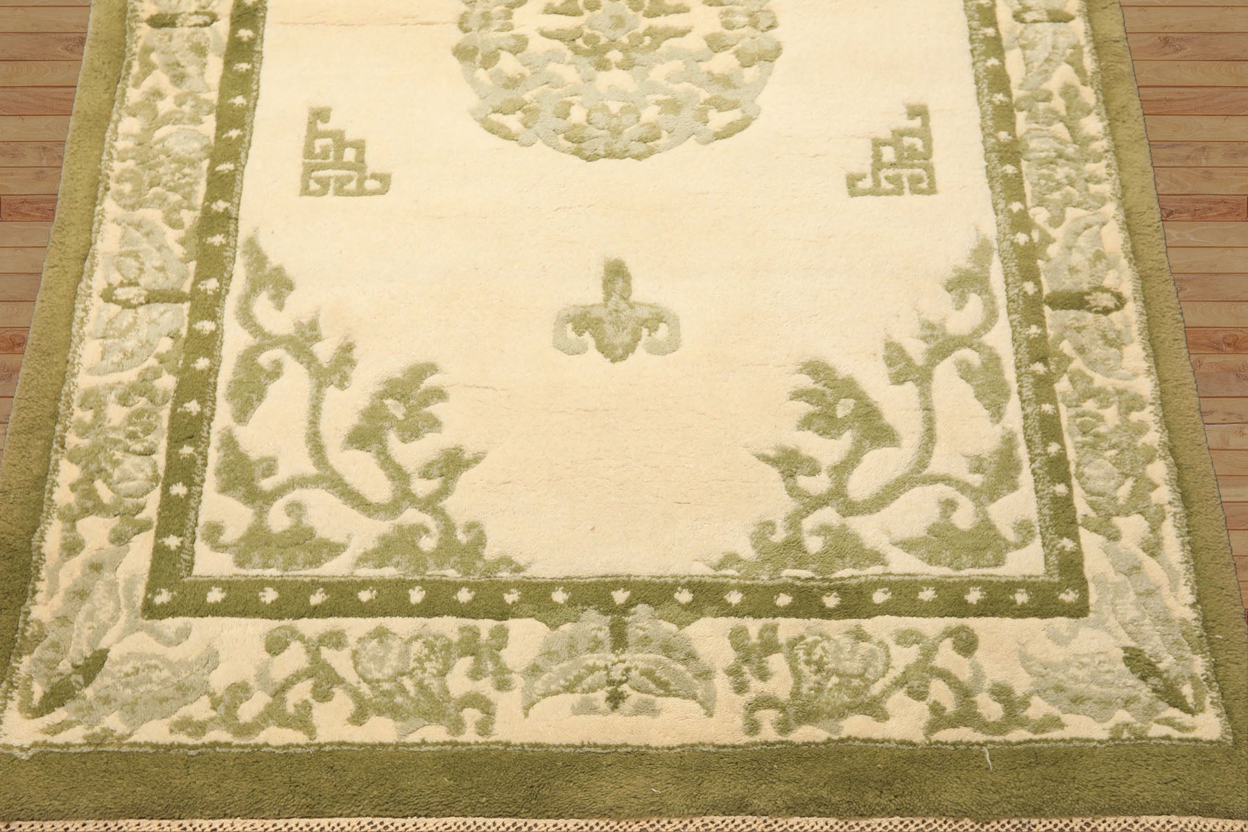 4x6 Ivory, Olive, Green Color Hand Knotted Indo-Tibetan Wool Art Deco Oriental Rug