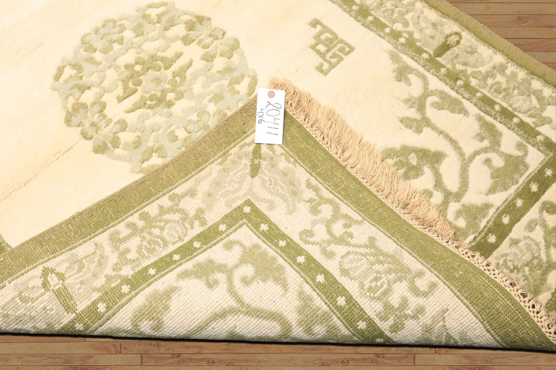 4x6 Ivory, Olive, Green Color Hand Knotted Indo-Tibetan Wool Art Deco Oriental Rug