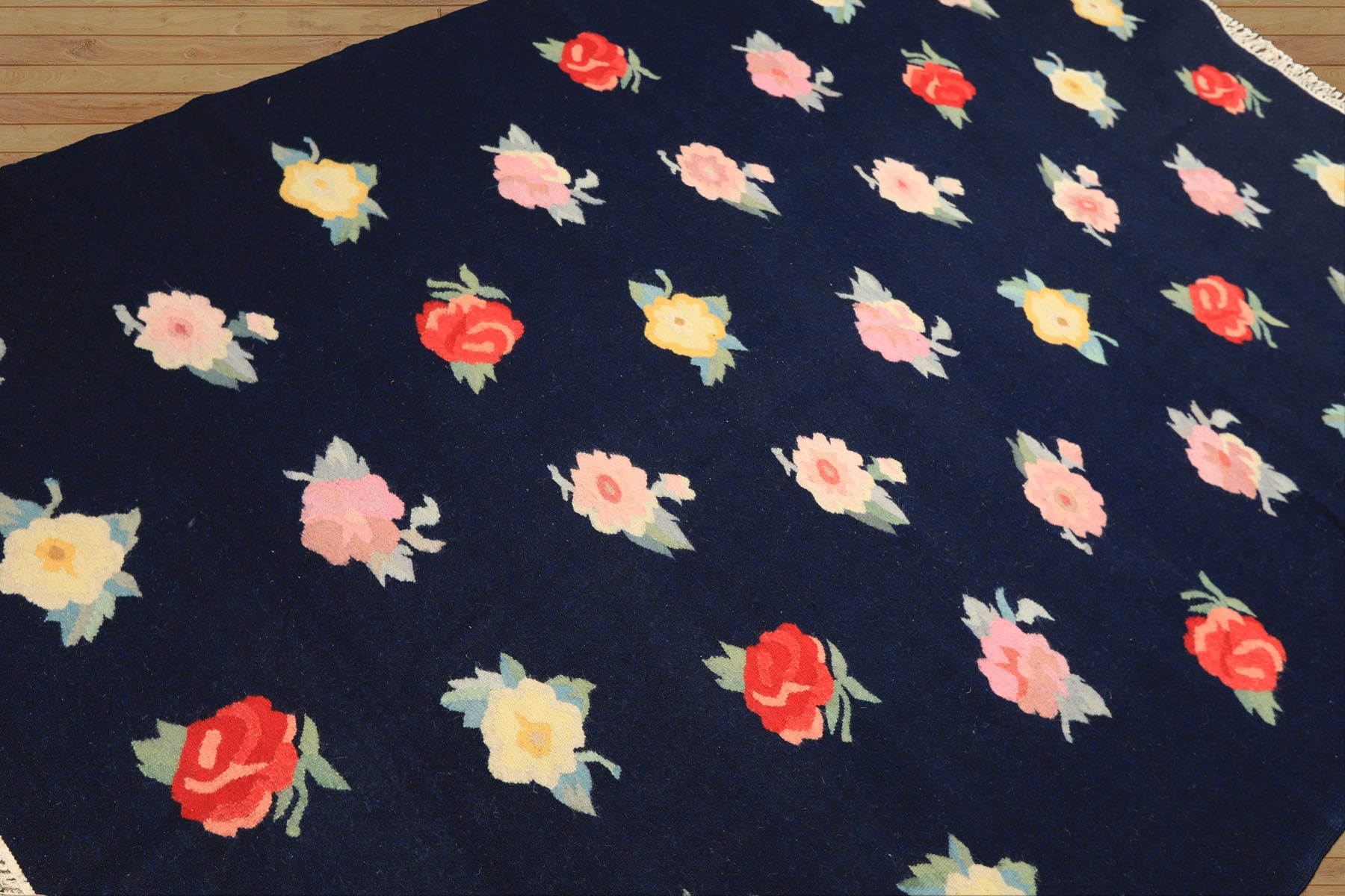 6x9 Navy, Multi, Color Hand Woven Caucasian Kilim Wool Transitional Oriental Rug