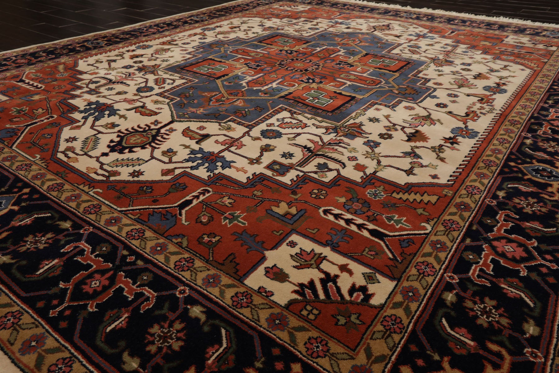 8x10 Ivory, Muted Teracotta, Blue Color Hand Knotted Heriz Wool Traditional Oriental Rug