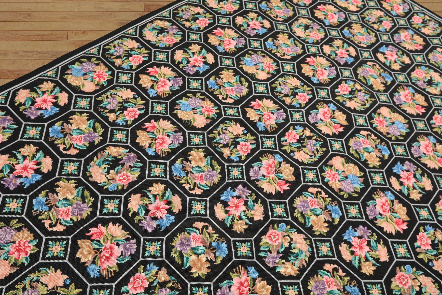 5x8 Black, Pink, Blue Color Hand Woven French Savonerrie Needlepoint Wool Traditional Oriental Rug