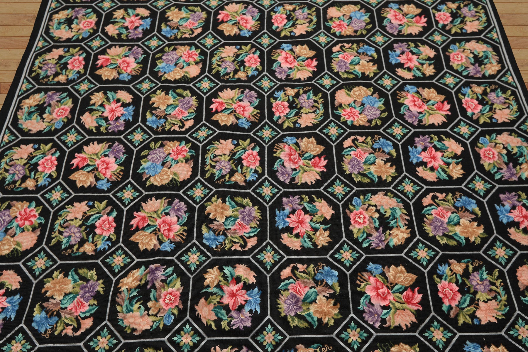 5x8 Black, Pink, Blue Color Hand Woven French Savonerrie Needlepoint Wool Traditional Oriental Rug