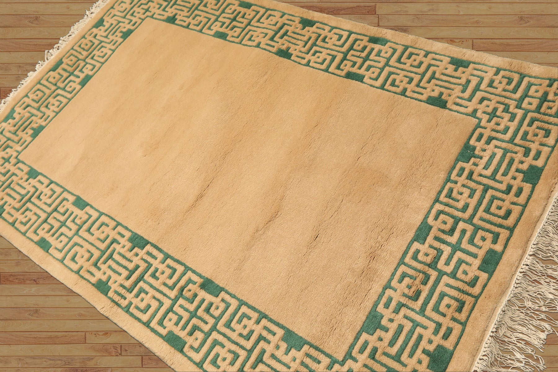 4x6 Tan, Green, Color Hand Knotted Indo Tibetan Wool Transitional Oriental Rug