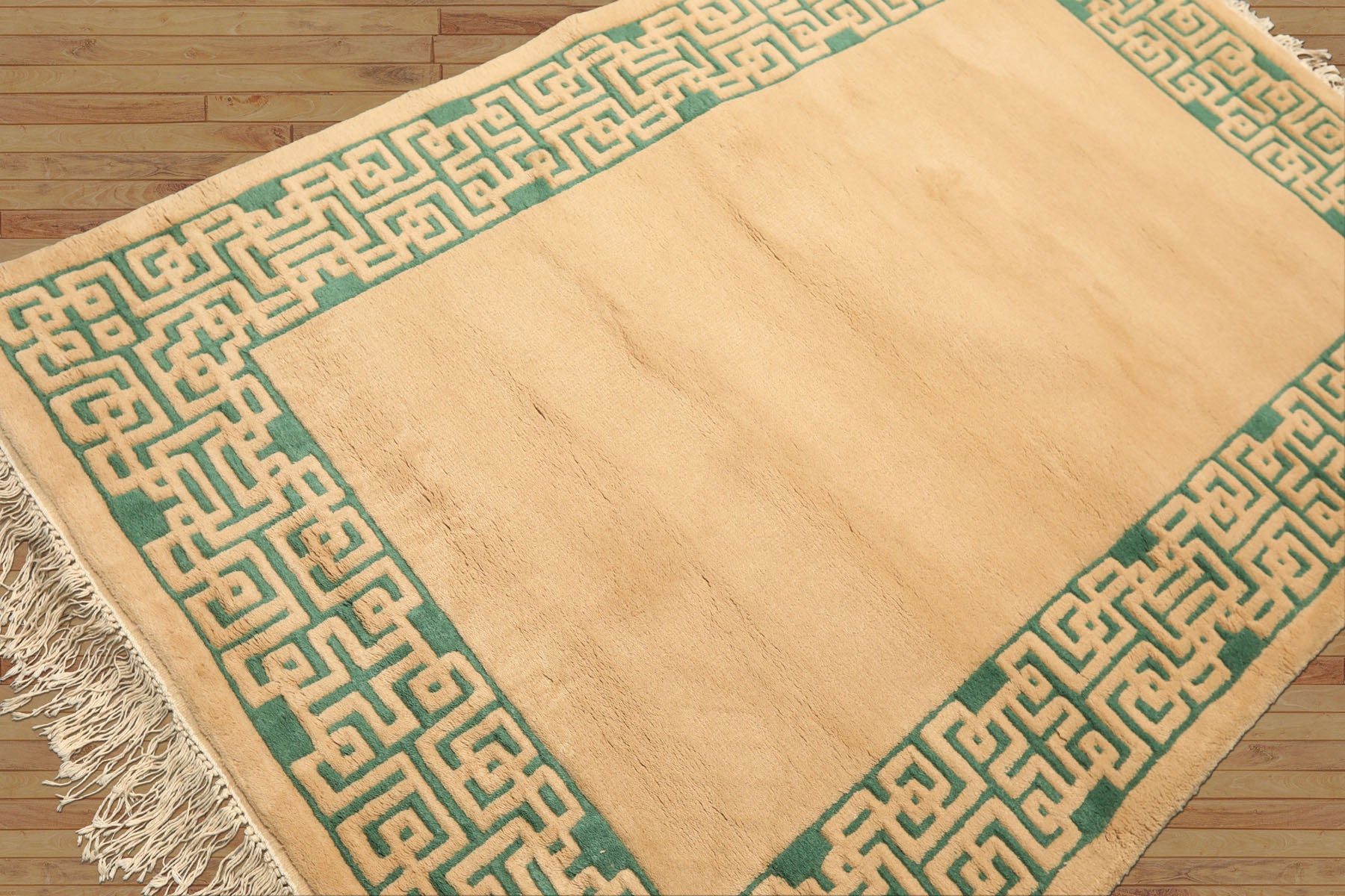 4x6 Tan, Green, Color Hand Knotted Indo Tibetan Wool Transitional Oriental Rug