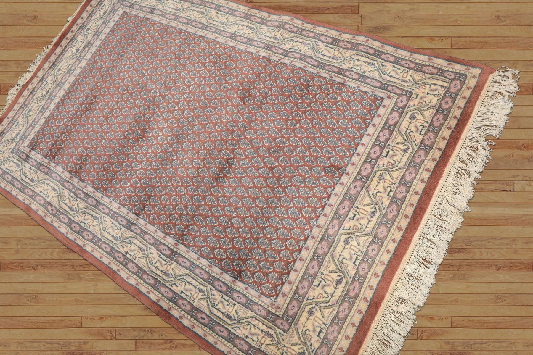 4x6 Rose, Ivory, Taupe Color Hand Knotted Boteh Wool Traditional Oriental Rug