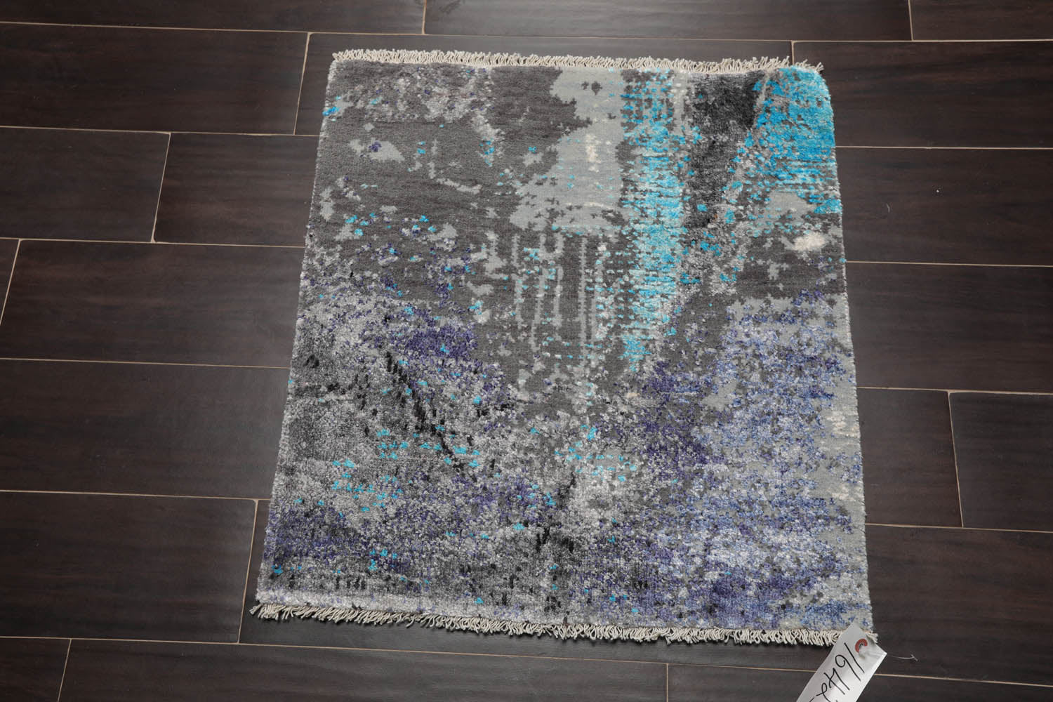 Square Gray, Purple, Turquoise Color Hand Knotted All-Over Wool & Silk Modern Oriental Rug