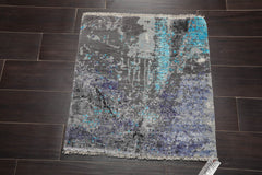 Square Gray, Purple, Turquoise Color Hand Knotted All-Over Wool & Silk Modern Oriental Rug