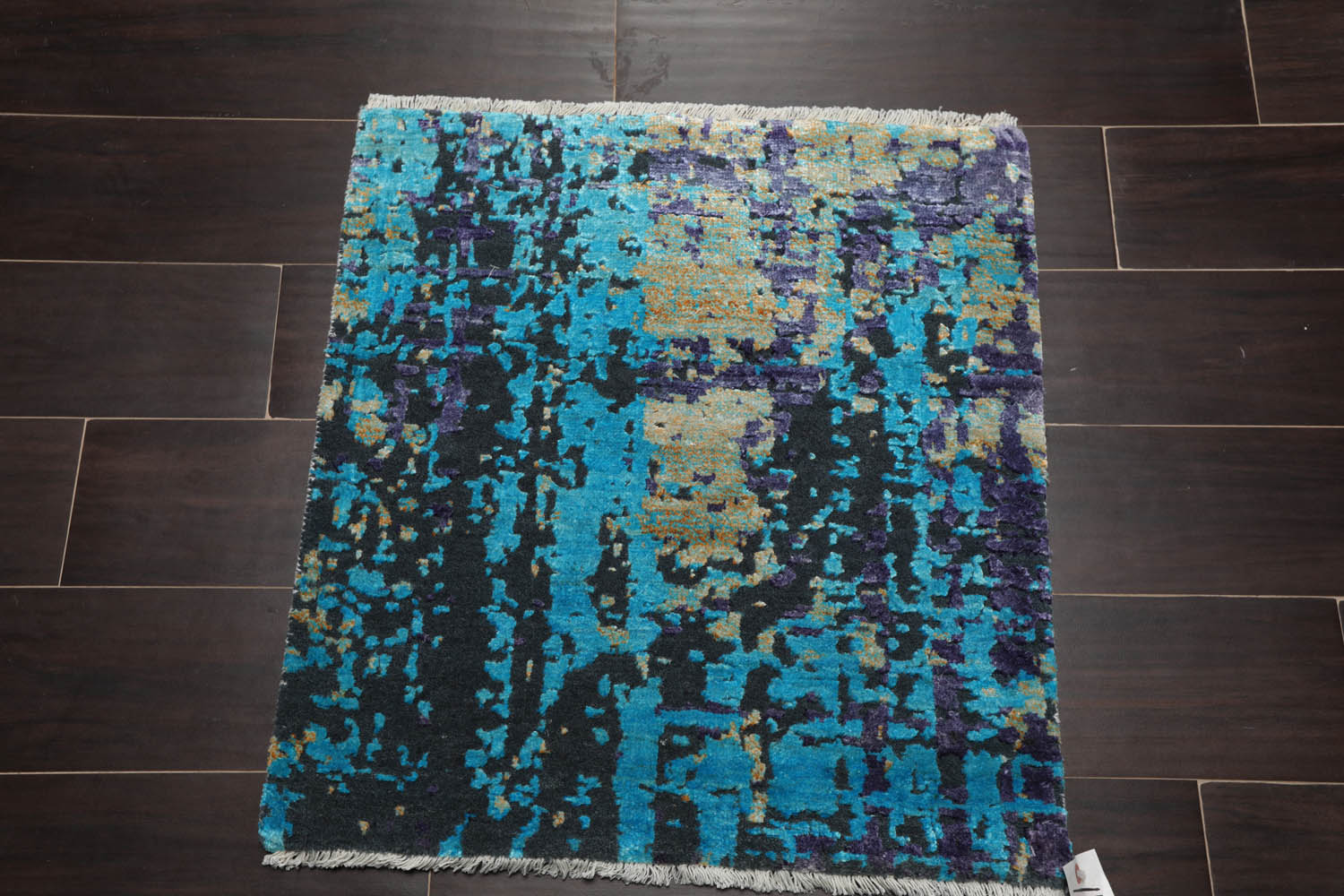 Square Turquoise, Gray, Purple Color Hand Knotted All-Over Wool & Silk Modern Oriental Rug