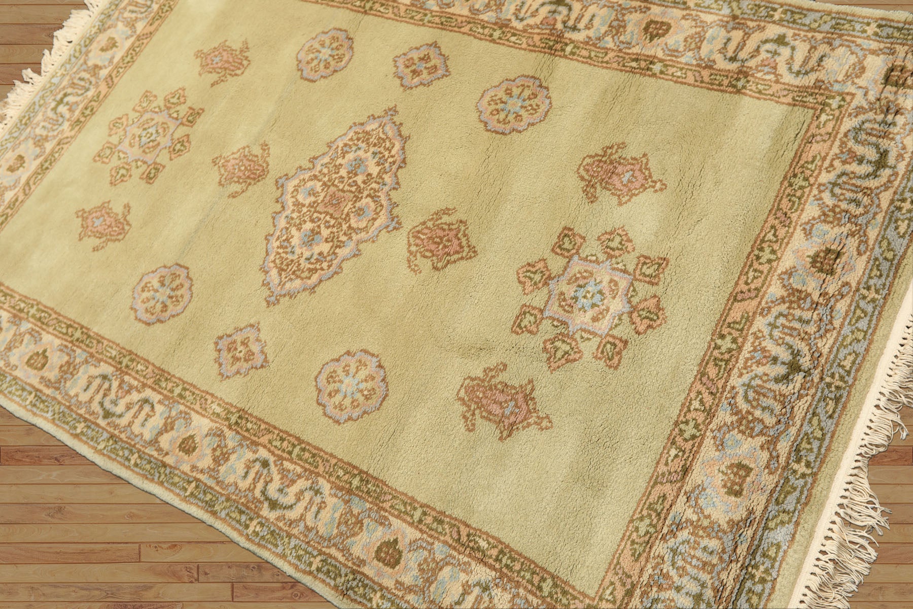 4x6 Sage, Beige, Rose Color Hand Knotted French Aubusson Wool Traditional Oriental Rug