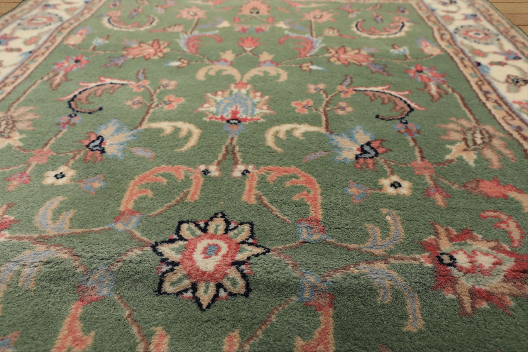 3x5 Sage, Ivory, Rose Color Hand Knotted Indo Kashan Wool Traditional Oriental Rug