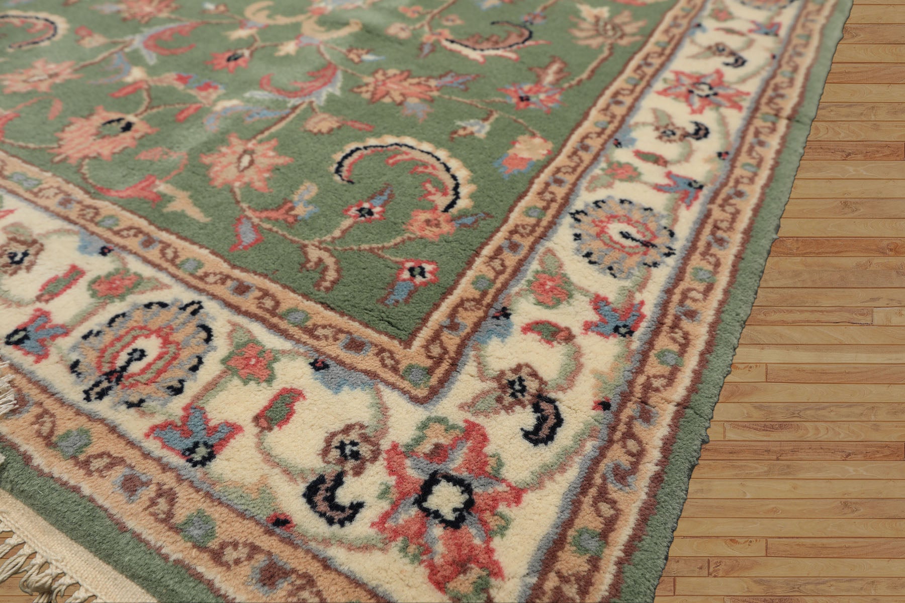 3x5 Sage, Ivory, Rose Color Hand Knotted Indo Kashan Wool Traditional Oriental Rug