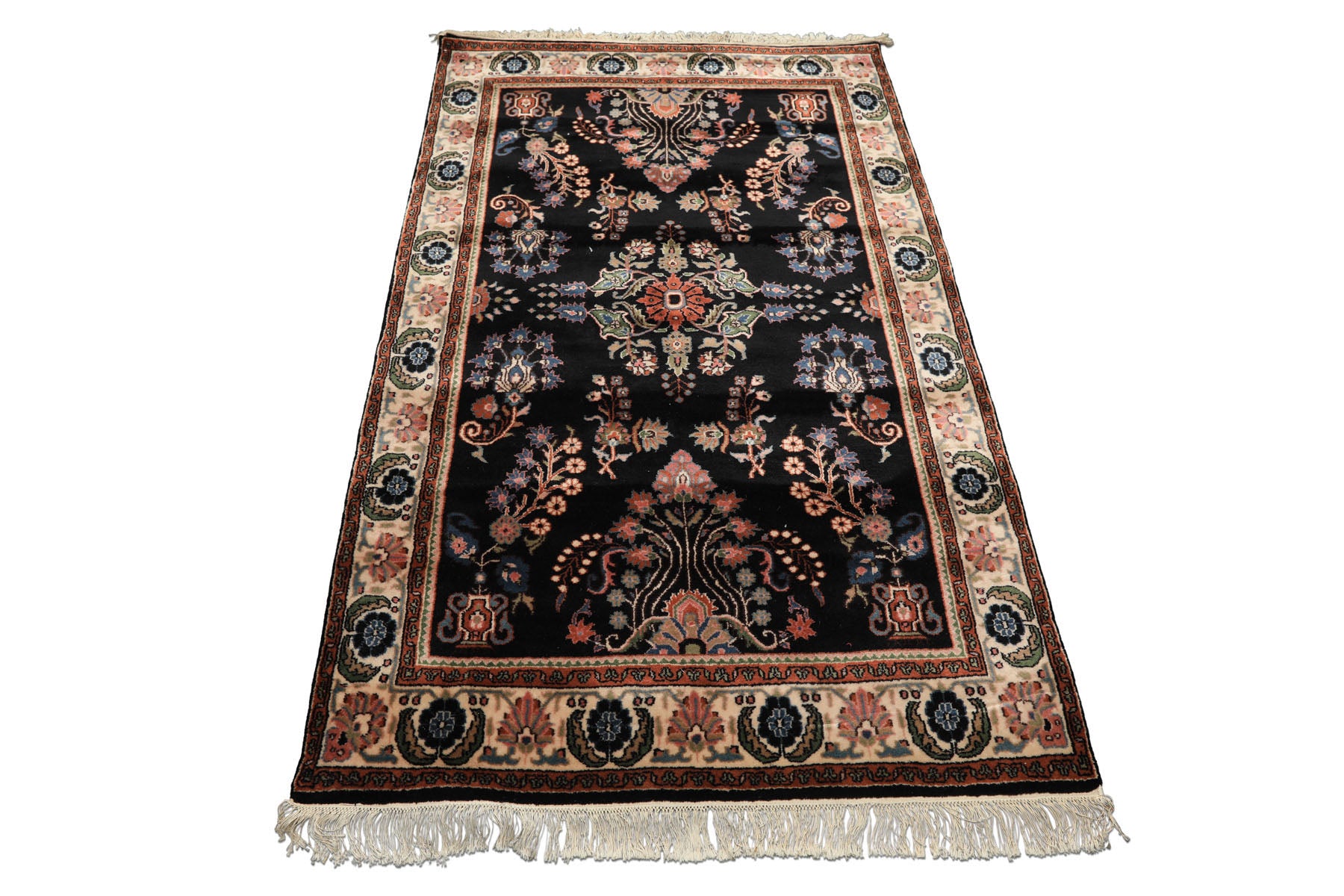 4x6 Black, Ivory, Sage Color Hand Knotted Indo Sarouk New Zealand Wool Traditional Oriental Rug