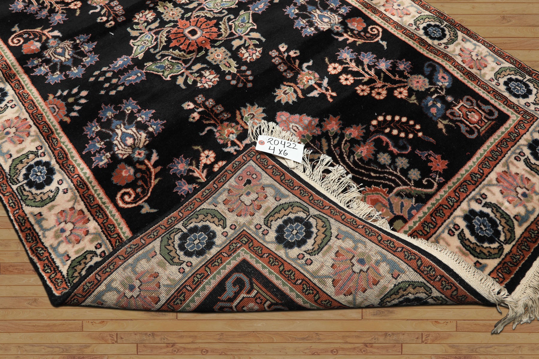 4x6 Black, Ivory, Sage Color Hand Knotted Indo Sarouk New Zealand Wool Traditional Oriental Rug