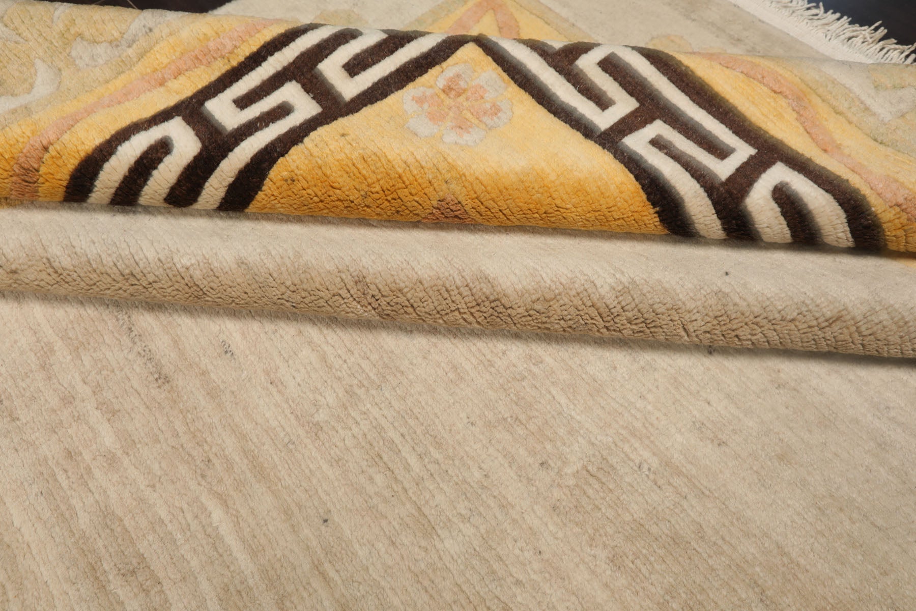 8x11 Oatmeal, Gold, Rose Color Hand Knotted Tibetan Wool Traditional Oriental Rug
