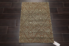2x3 Tan, Green, Color Hand Knotted All-Over Wool & Silk Transitional Oriental Rug