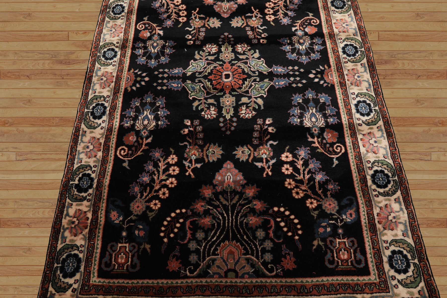 4x6 Black, Ivory, Sage Color Hand Knotted Indo Sarouk New Zealand Wool Traditional Oriental Rug