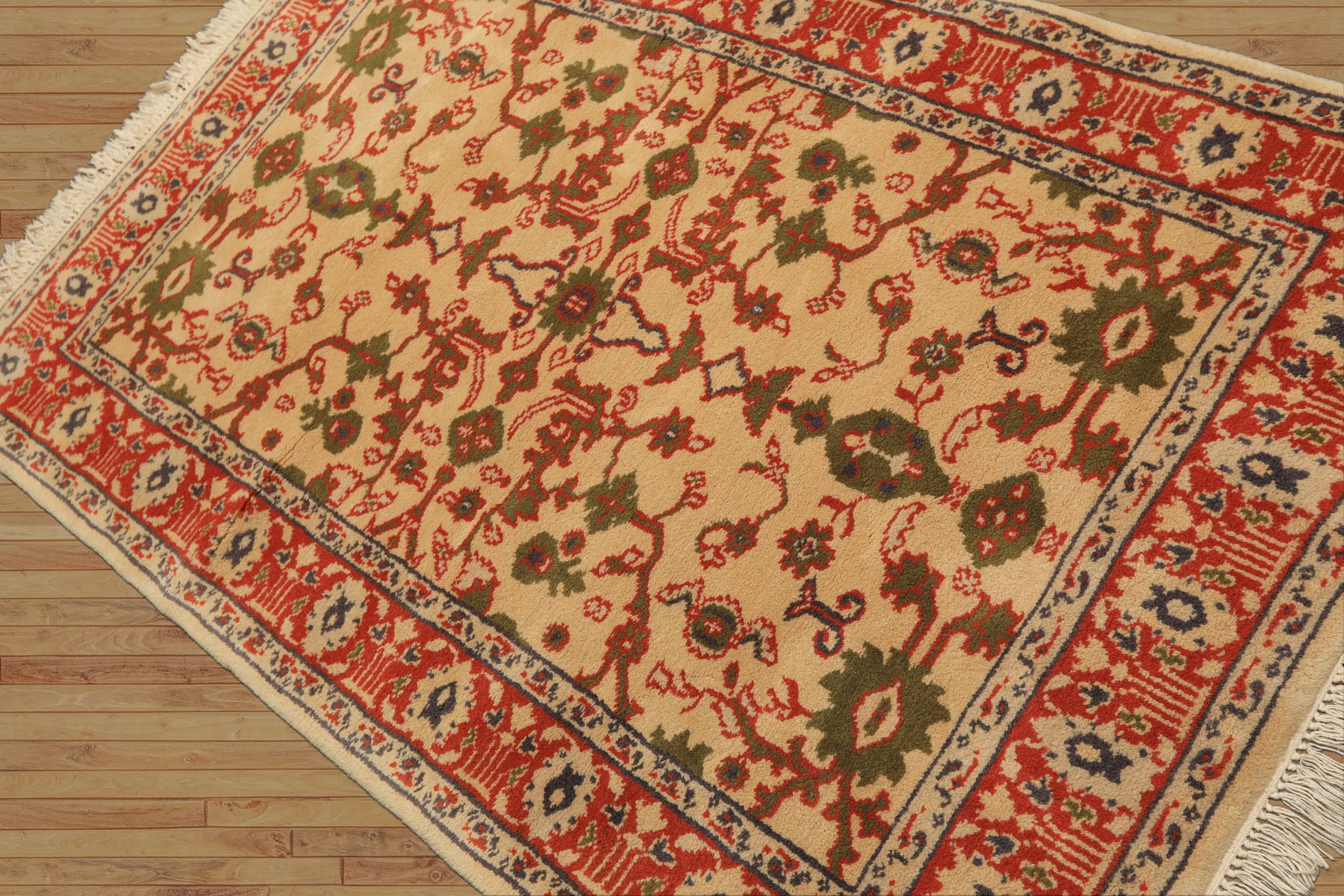 4x6 Ivory, Teracotta, Green Color Hand Knotted Indo Kashan Wool Traditional Oriental Rug
