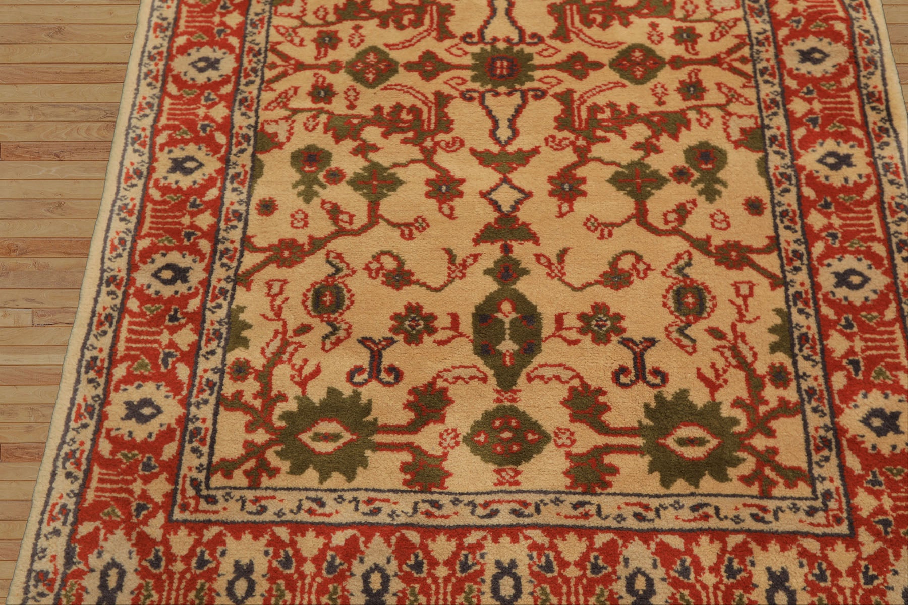 4x6 Ivory, Teracotta, Green Color Hand Knotted Indo Kashan Wool Traditional Oriental Rug
