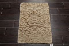 2x3 Beige, Gray, Brown Color Hand Knotted All-Over Wool & Silk Modern Oriental Rug