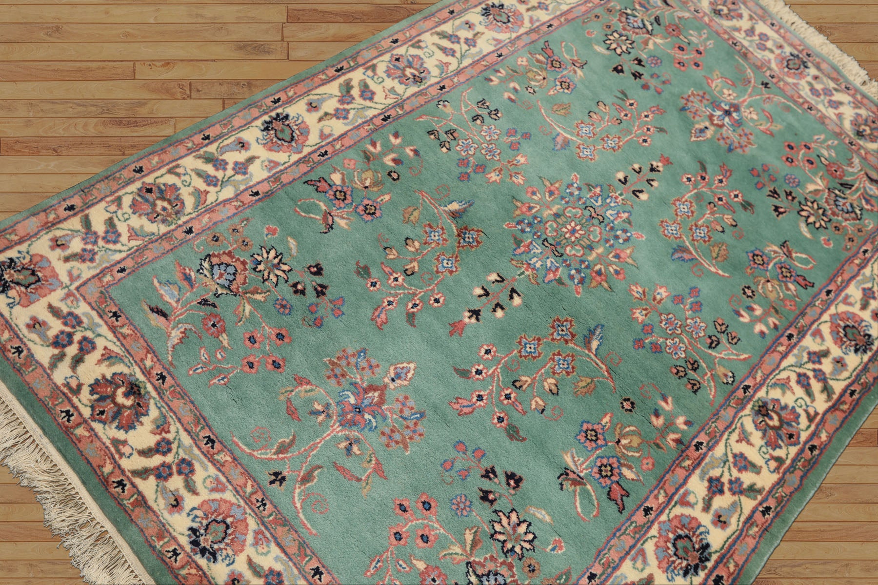 4x6 Turquoise, Ivory, Rose Color Hand Knotted Indo Kashan Wool Traditional Oriental Rug