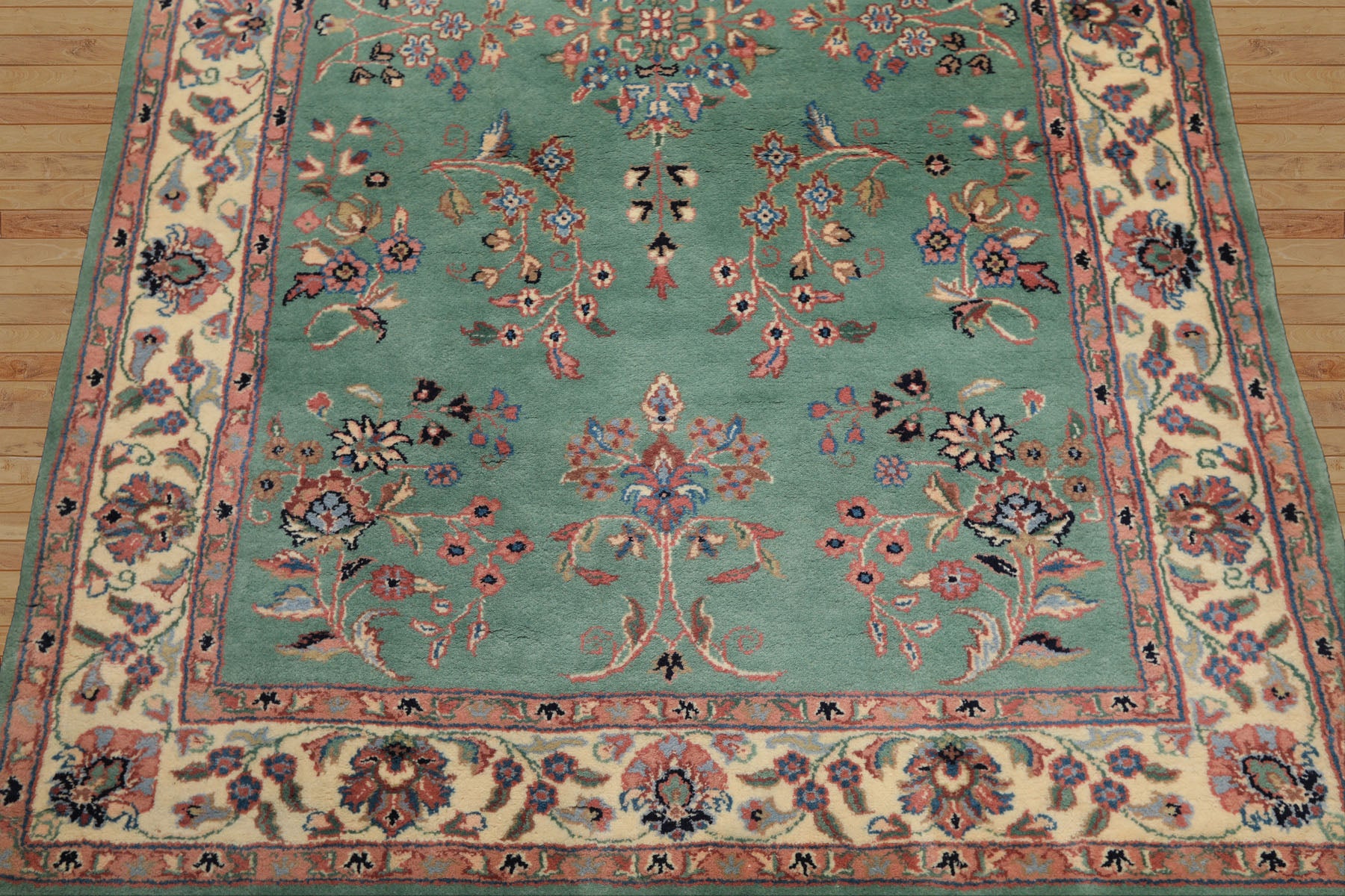 4x6 Turquoise, Ivory, Rose Color Hand Knotted Indo Kashan Wool Traditional Oriental Rug
