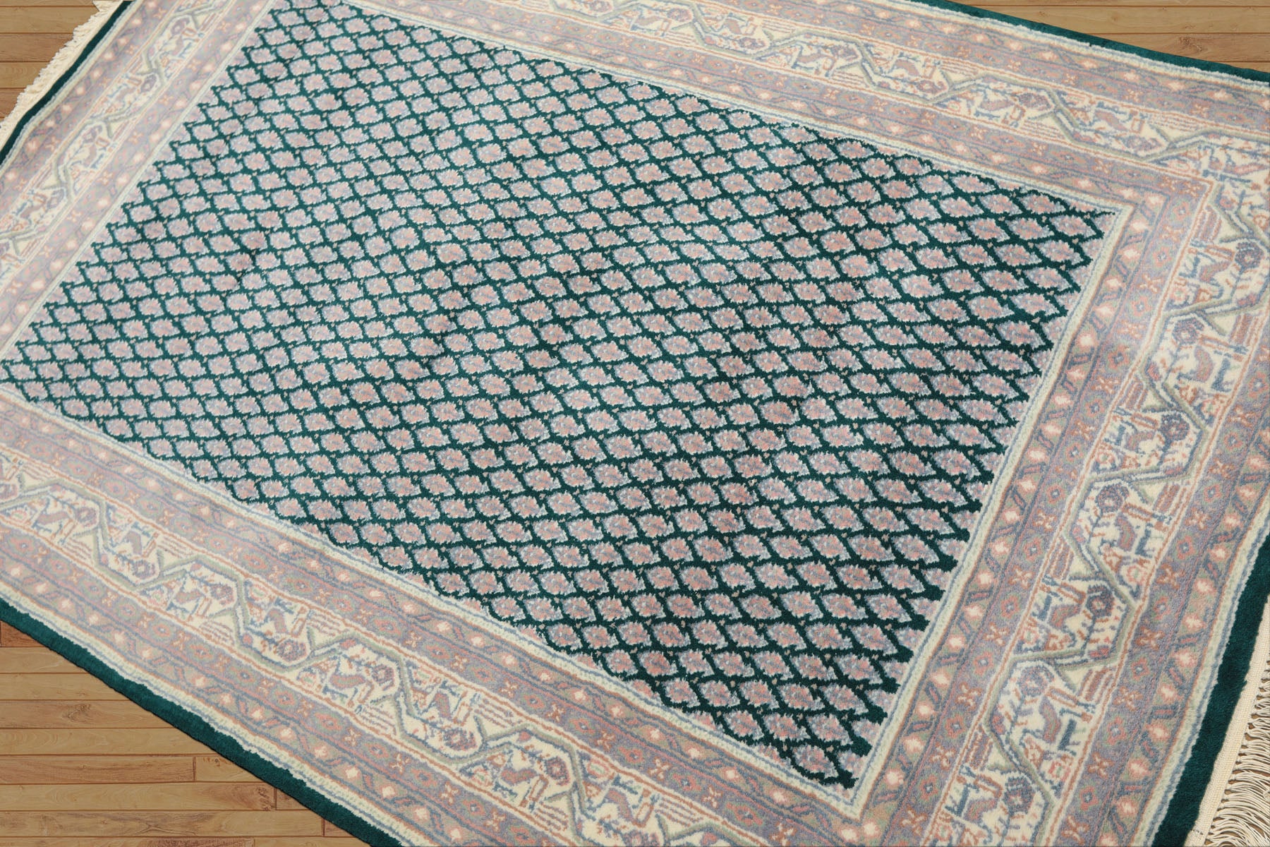 4x6 Emerald, Rose, Ivory Color Hand Knotted Boteh Wool Traditional Oriental Rug