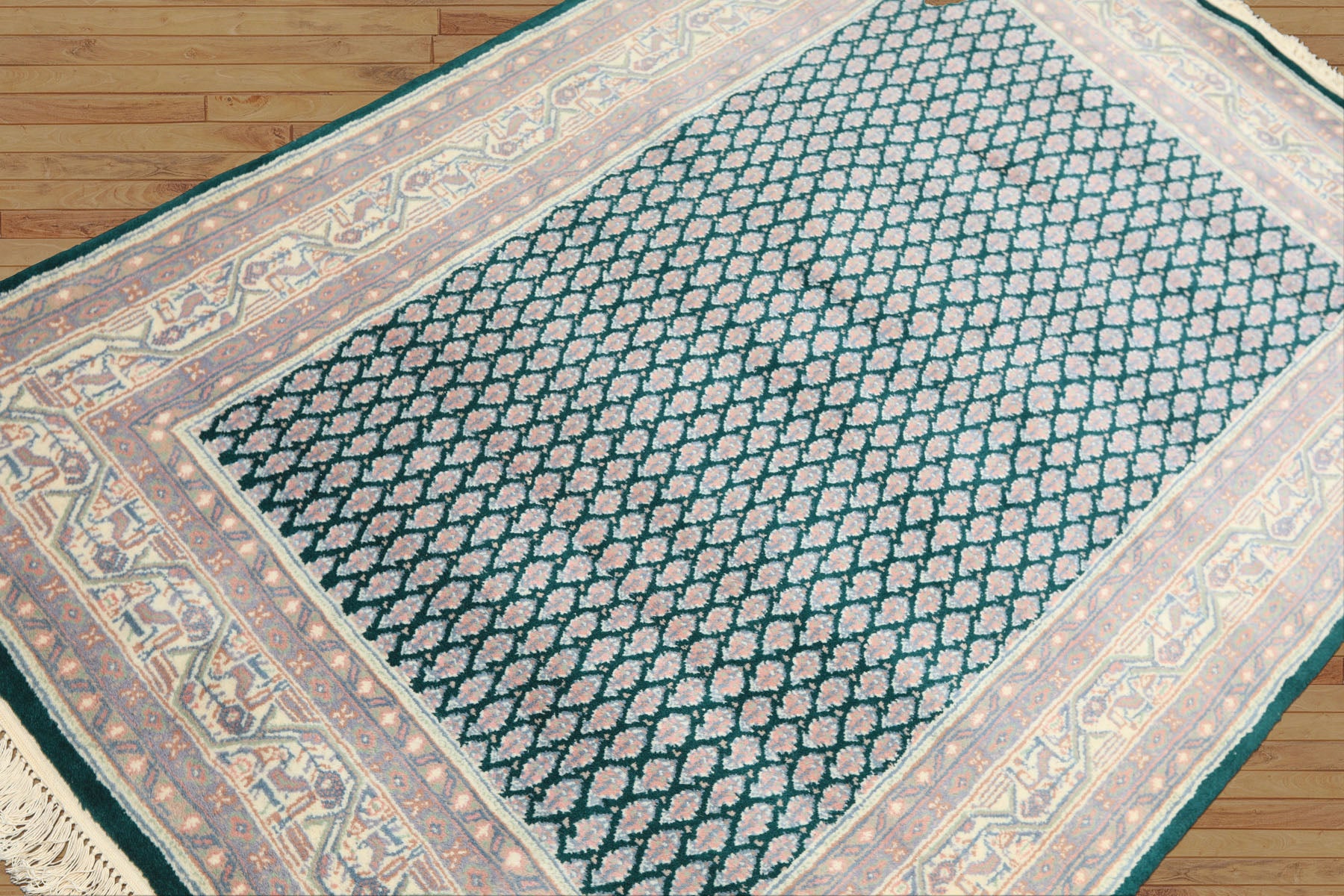 4x6 Emerald, Rose, Ivory Color Hand Knotted Boteh Wool Traditional Oriental Rug