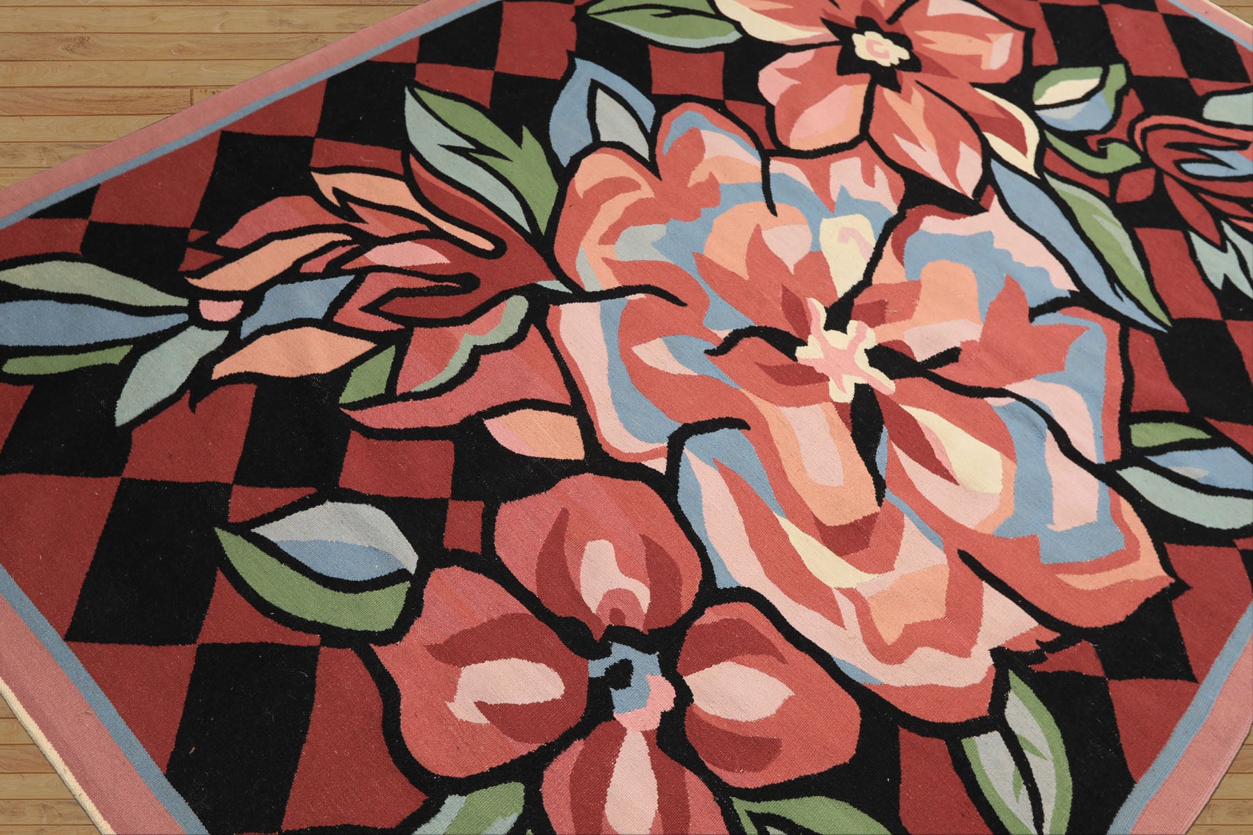 6x9 Rose, Black, Lime Color Hand Woven Kilim Wool Contemporary Oriental Rug