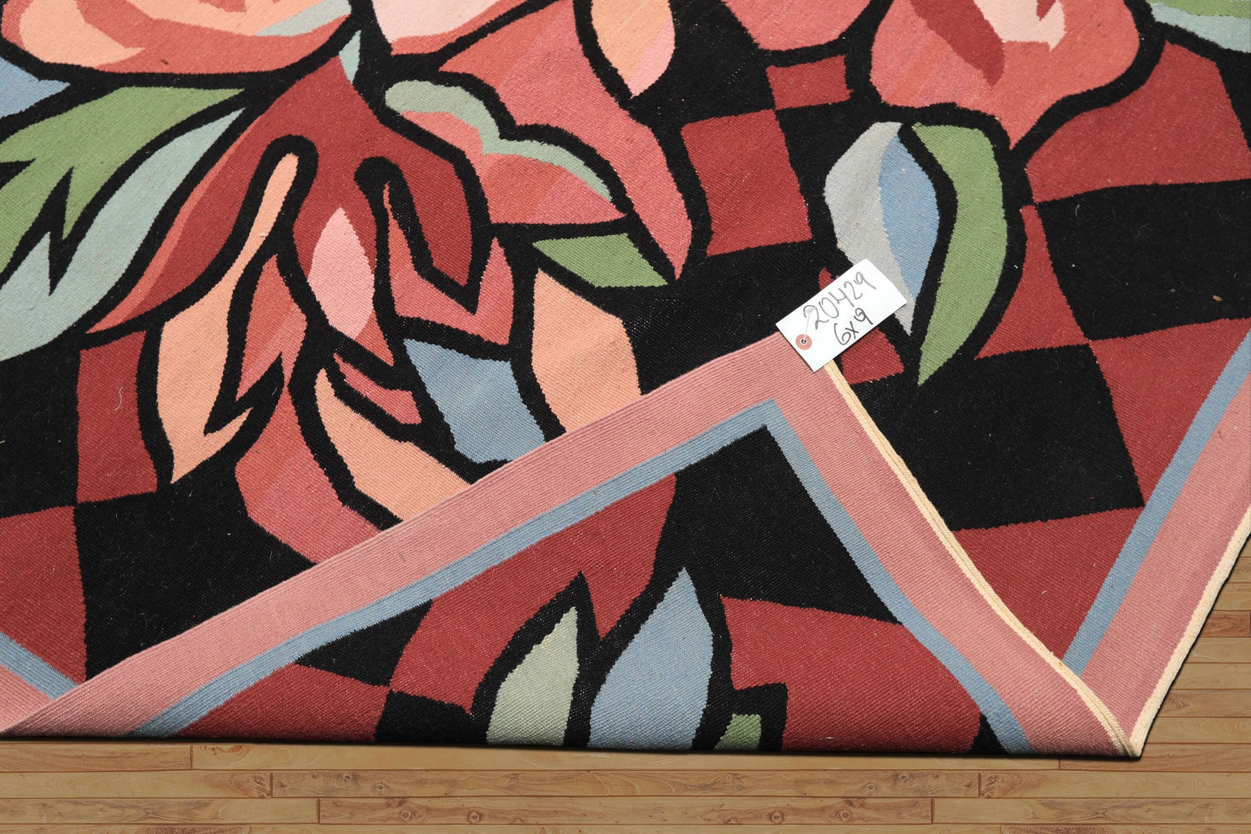 6x9 Rose, Black, Lime Color Hand Woven Kilim Wool Contemporary Oriental Rug