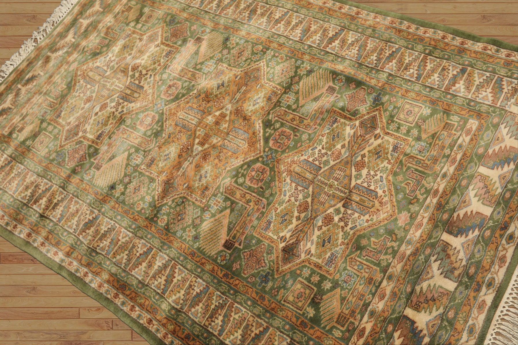 4x6 Green, Ivory, Tan Color Hand Knotted Kazak Wool Traditional Oriental Rug
