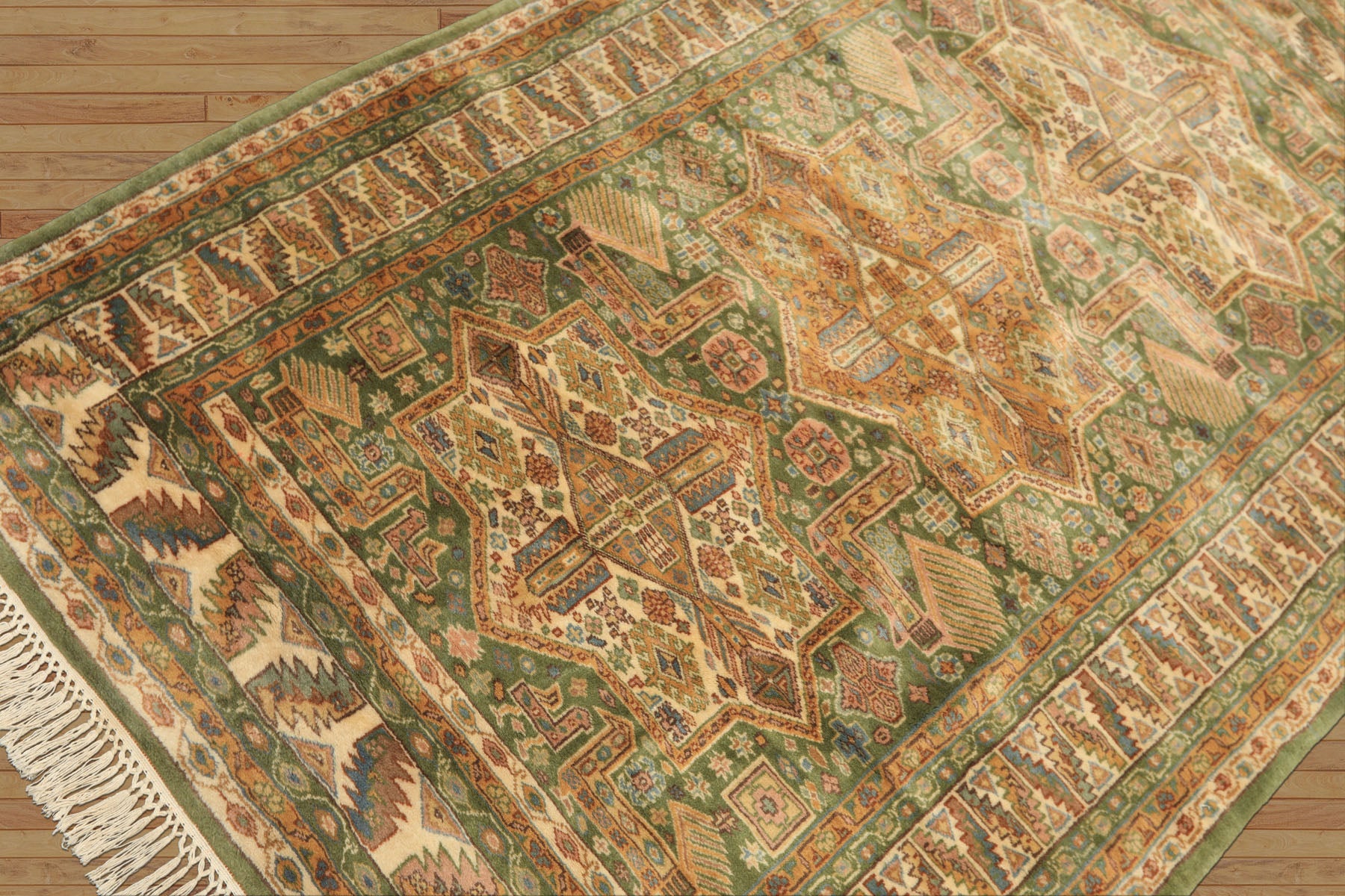 4x6 Green, Ivory, Tan Color Hand Knotted Kazak Wool Traditional Oriental Rug