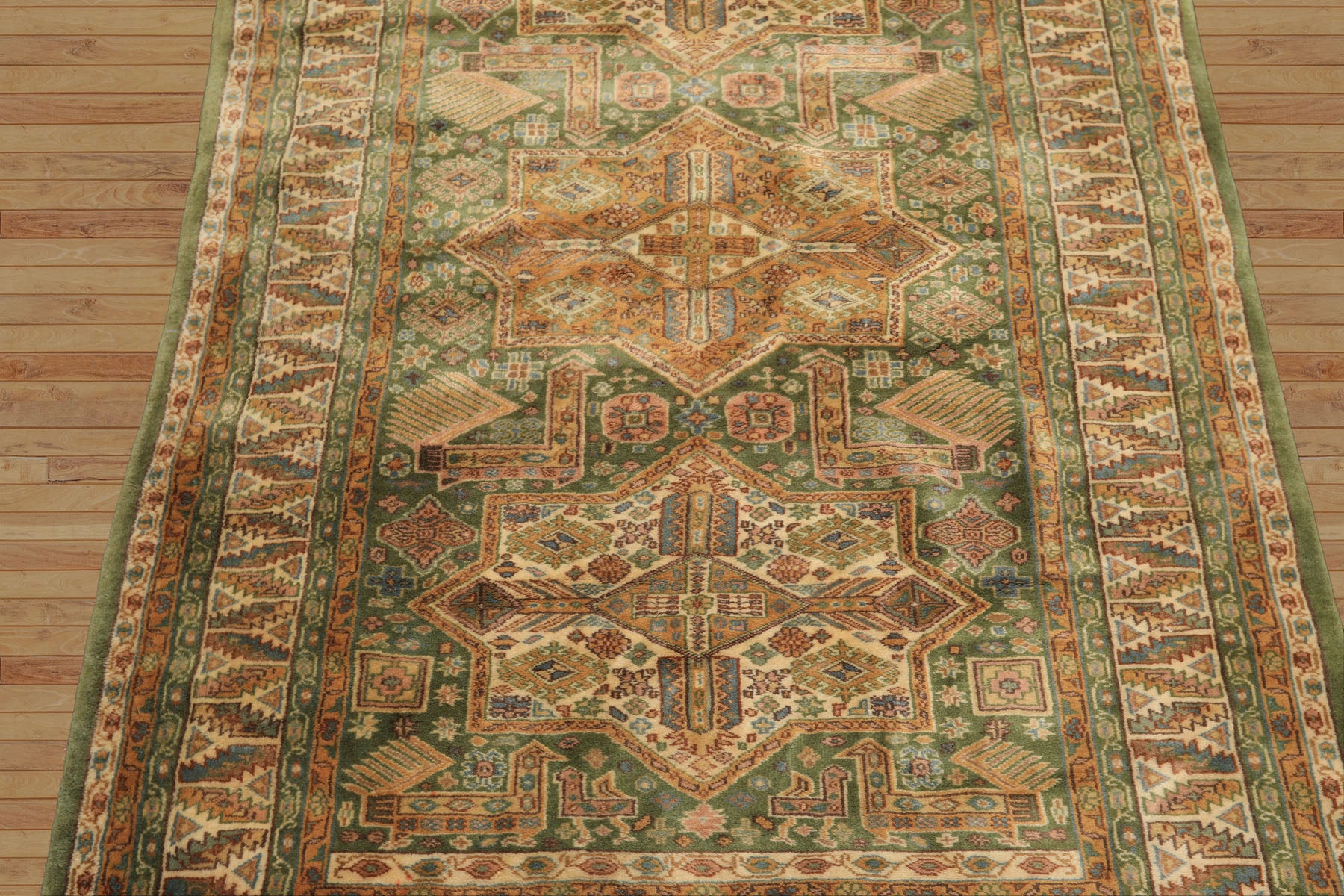 4x6 Green, Ivory, Tan Color Hand Knotted Kazak Wool Traditional Oriental Rug
