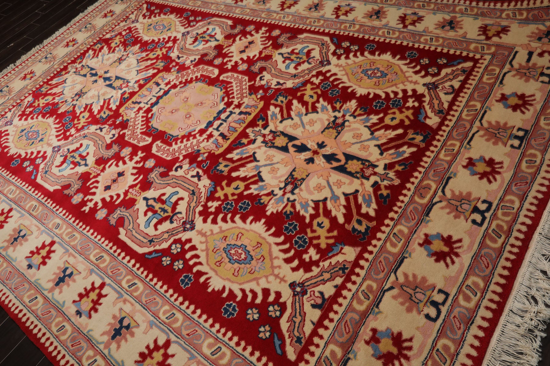 8x11 Red, Ivory, Blue Color Hand Hooked Heriz New Zealand Wool Traditional Oriental Rug