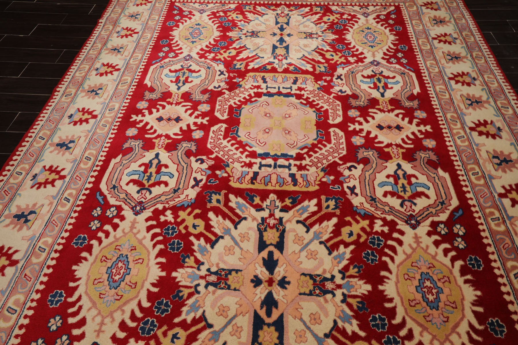 8x11 Red, Ivory, Blue Color Hand Hooked Heriz New Zealand Wool Traditional Oriental Rug